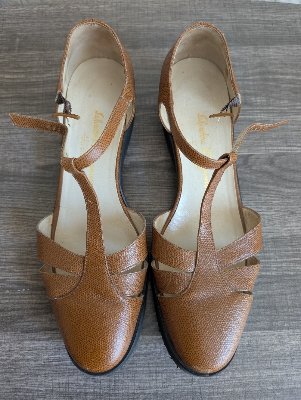 Salvatore Ferragamo Brown Leather T-Strap Heels